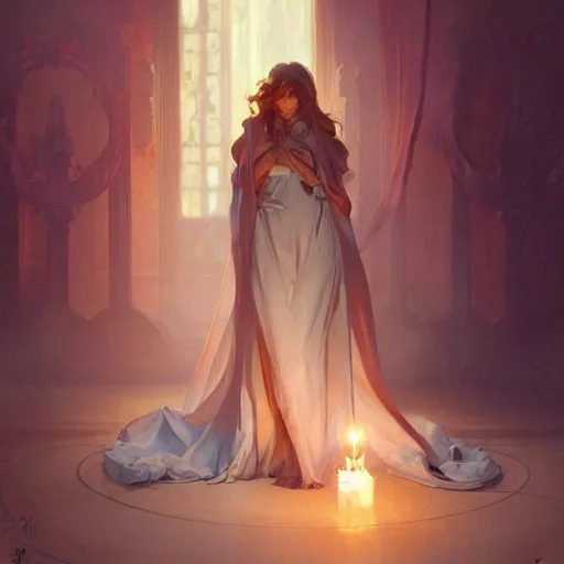 Image similar to very beatiful girl close to a candle in dark room, dramatic light, highly detailed, digital painting, artstation, concept art, sharp focus, illustration, art by artgerm and greg rutkowski and alphonse mucha