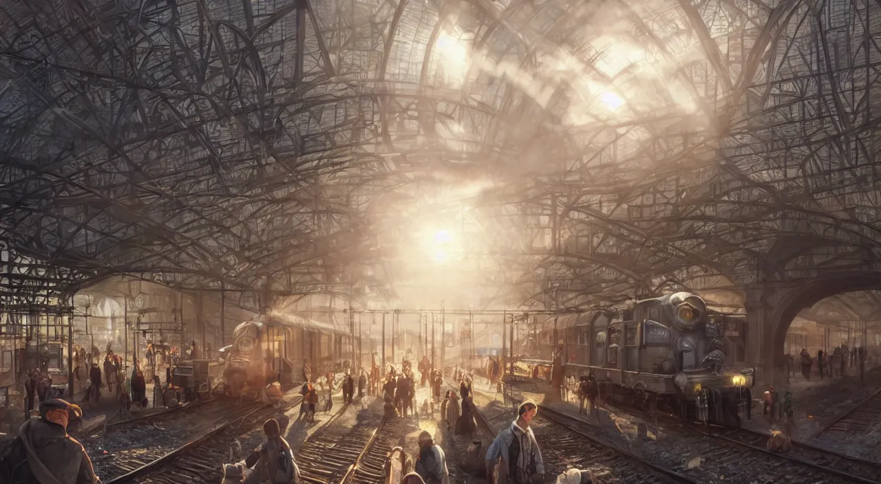 Prompt: photorealistic subway station with arriving steam trains, daylight, sunlight, lens flare, highly detailed, digital painting, artstation, concept art, smooth, sharp focus, 8k, photorealistic, 25mm f/1.7 ASPH Lens, ultra realistic steampunk illustration, art by greg rutkowski and alphonse mucha