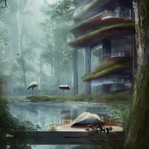 Prompt: A futuristic hotel in the forest with a river and animals around it ,Greg rutkowski, Trending artstation, cinematográfica, digital Art