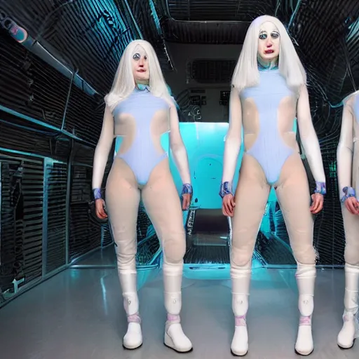 Image similar to troop of freak show women with white hair, white hair, tight light blue neopren suits, futuristic production facility, sci - fi, highly detailed, cinematic