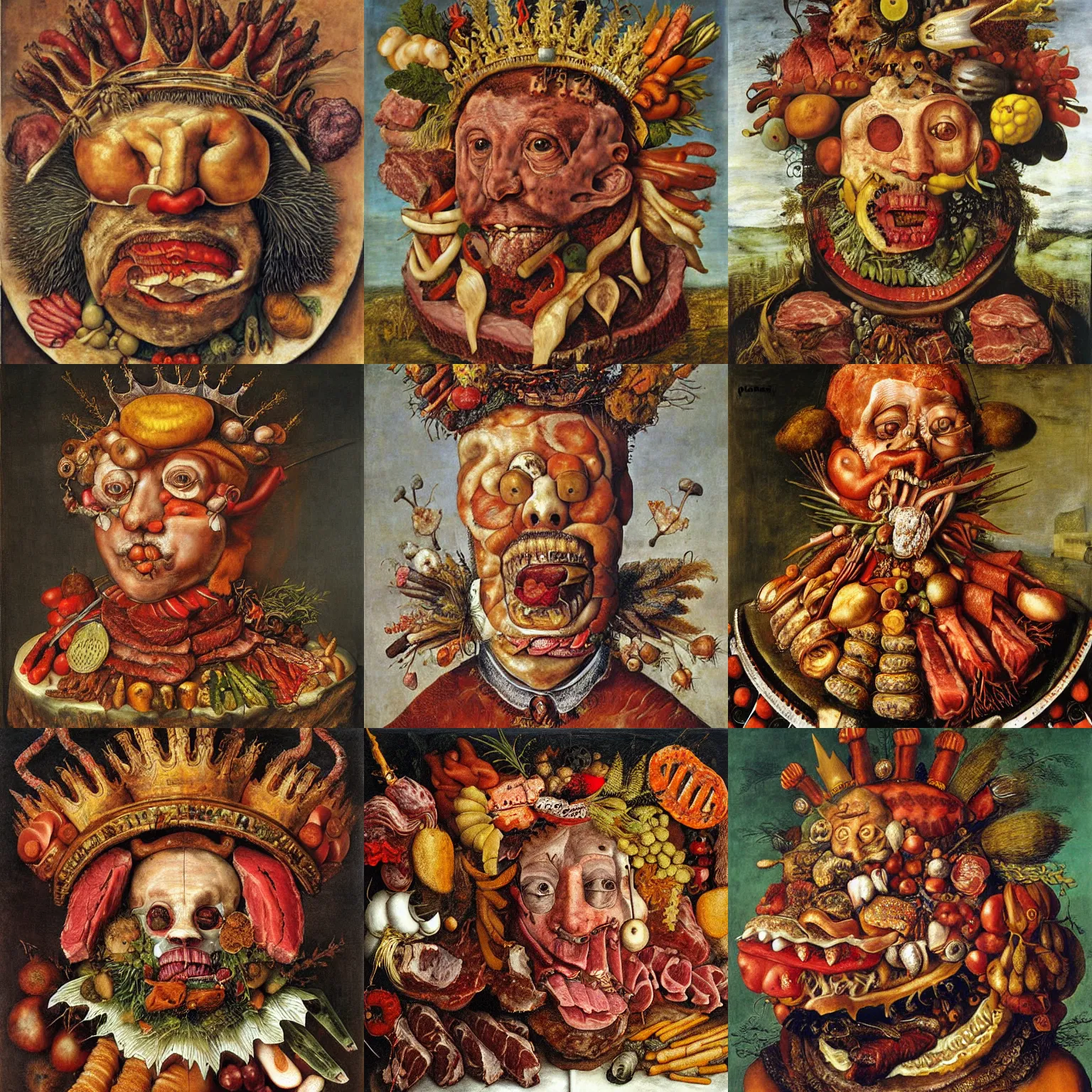 Prompt: Meat King, painting by Giuseppe Arcimboldo