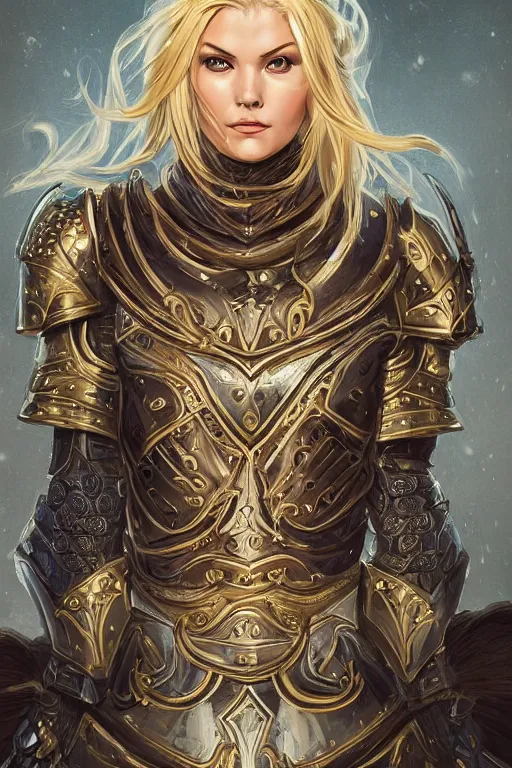 Image similar to head-on symmetrical centered painted portrait, Elisha Cuthbert as a paladin, blonde hair, ornate heavy plate armour, medieval robes, fantasy, intricate, elegant, highly detailed, smooth, sharp focus, illustration, artstation, in the style of Ross Tran and by Jesper Ejsing and by Mikalojus Konstantinas Ciurlionis