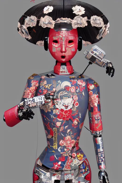 Prompt: full body portrait of a Japanese robot geisha with kanji tattoos and decals wearing a digital pixelated kimono, intricate design, photorealistic, octane render, raytraced, ultra fine detailed, character design, trending on artstation