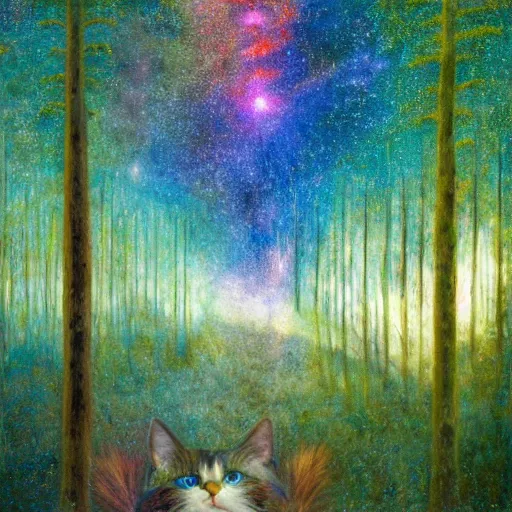 Image similar to psychedelic lush pine forest, outer space, milky way, amber eyes cat eyes designed by arnold bocklin, jules bastien - lepage, tarsila do amaral, wayne barlowe and gustave baumann, cheval michael, trending on artstation, star, sharp focus, colorful refracted sparkles and lines, soft light, 8 k 4 k