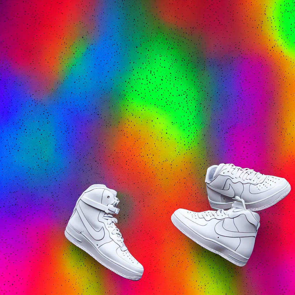 Prompt: photography of a realistic rainbow color air force sneaker, ultra detailed, 8 k, black background