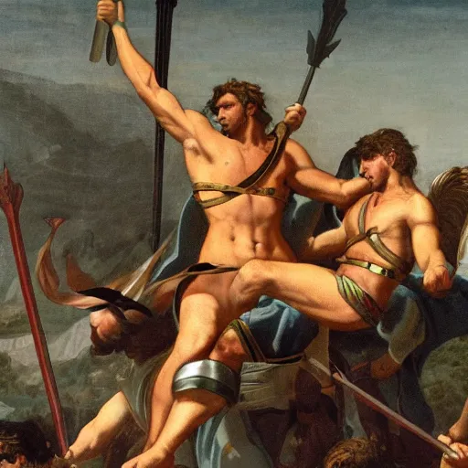 Prompt: a picture of Achilles impaling Hector on top of Mount Olympus