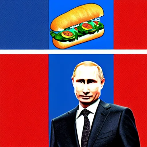 Image similar to uhd photorealistic putin dressed as a submarine sandwich