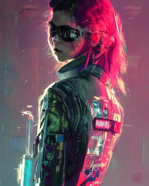 Image similar to detailed portrait Young Rebel Girl cyberpunk futuristic ((neon)) tattoes, yakuza, styled hair Reflective puffy sheen film jacket, decorated traditional ornaments by ismail inceoglu dragan bibin hans thoma greg rutkowski Alexandros Pyromallis Nekro James Jean illustrated Perfect face, fine details, realistic shaded, fine-face, pretty face