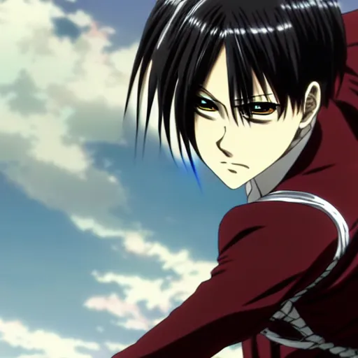 anime screenshot of levi ackerman flying on odm gear, | Stable ...