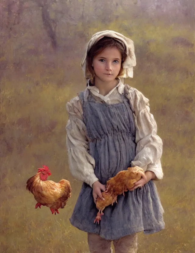 Image similar to portrait of little peasant girl holding a chicken, cottage core, cinematic focus, polaroid photo bleached vintage pastel colors high - key lighting, soft lights, foggy, by steve hanks, by lisa yuskavage, by serov valentin, by tarkovsky, 8 detailed, oil on canvas