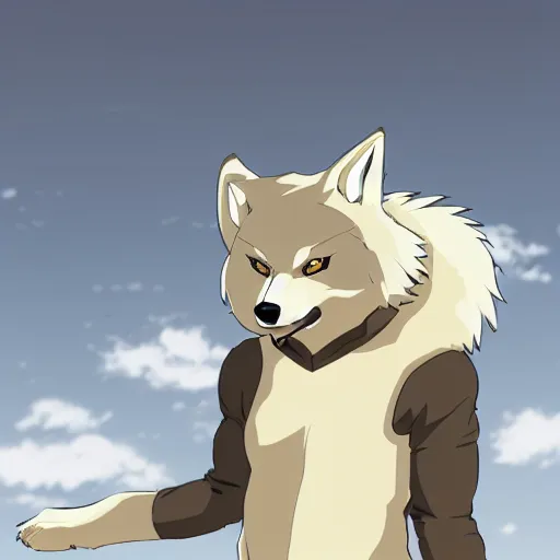 Image similar to anthropomorphic cream colored male wolf furry, posing for the camera, modern anime style