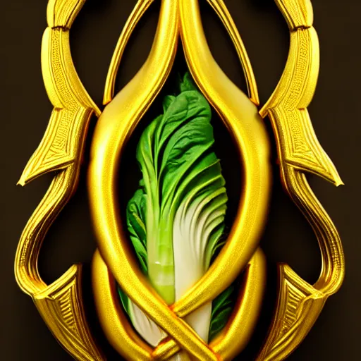 Image similar to stylized gold golden bok choy symbol : : ornate, dynamic, particulate, intricate, elegant, highly detailed, centered, artstation, smooth, sharp focus, octane render, 3 d