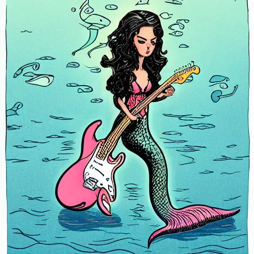 Image similar to illustration of a mermaid playing an stratocaster electric guitar, by Bill Watterson