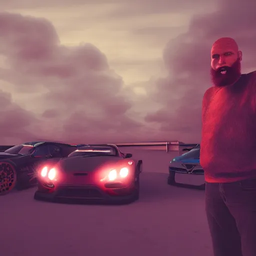 Prompt: A red bearded man standing next to a GT3S, digital art, trending on Artstation