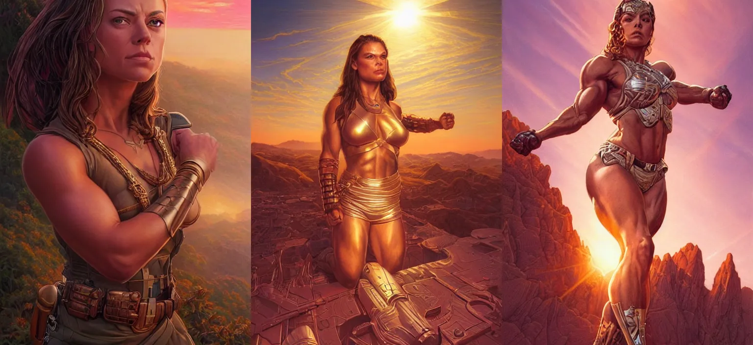 Prompt: epic portrait of a very strong muscled Amazon heroine, sun beams across sky, pink golden hour, intricate, elegance, highly detailed, shallow depth of field, epic vista, concept art, art by Artgerm and Donato Giancola, Joseph Christian Leyendecker, Mila Kunis
