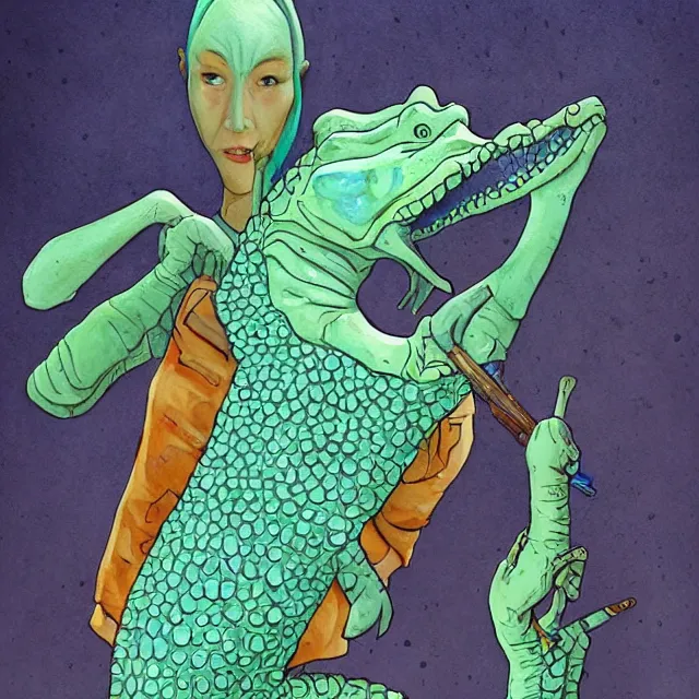 Prompt: a oil / watercolor painting full body character portrait of a illogical, odd, seasoned female anthropomorphic alligator on the wrong side of the law. in the style of moebius in the style of leonard boyarsky trending on artstation deviantart pinterest hyper detailed photorealistic highlights and shadow hd 8 k post - processing high resolution