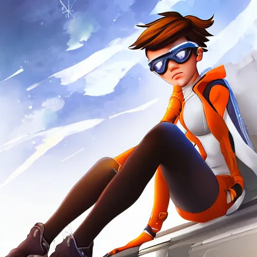 Image similar to digital artwork of tracer sitting on a rooftop, in the style of artgerm, detailed face, expressive face, feminine face,