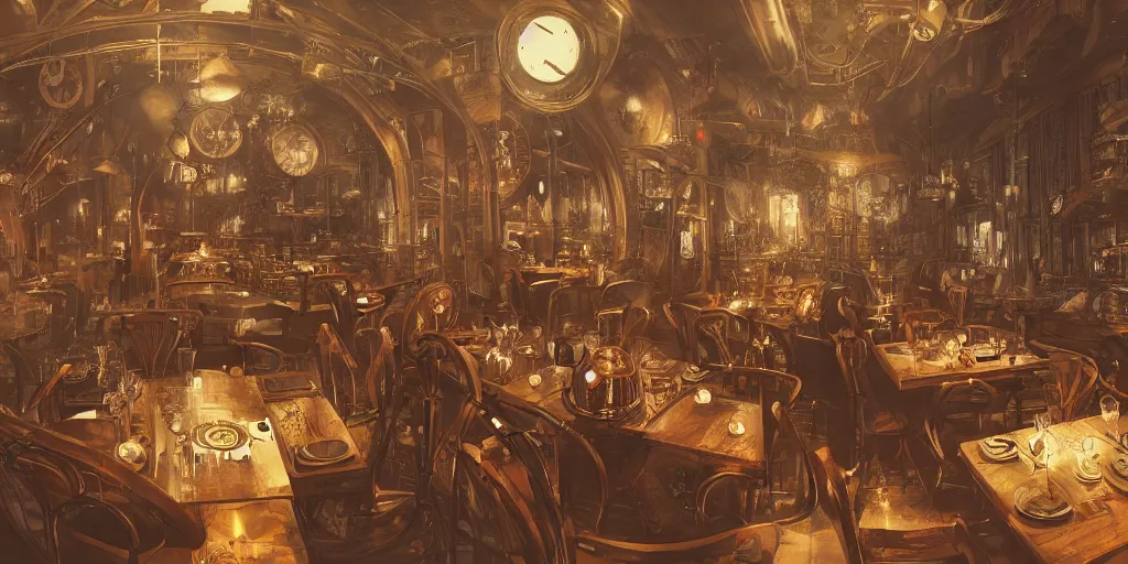 Image similar to Steampunk restaurant overview mapa design, Moebius, Greg Rutkowski, Zabrocki, Karlkka, Jayison Devadas, Phuoc Quan, trending on Artstation, 8K, ultra wide angle, pincushion lens effect