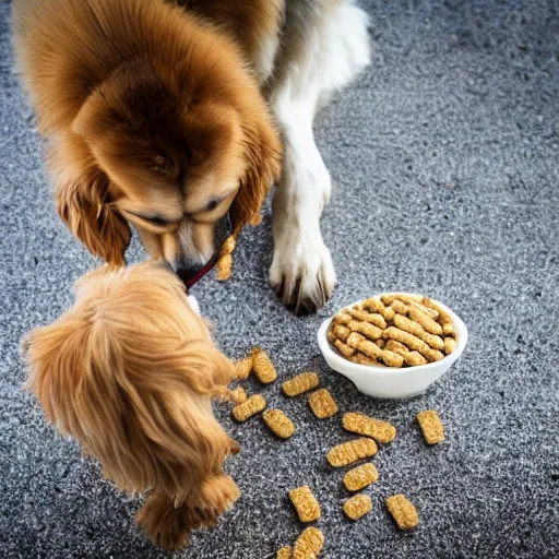 Image similar to dog with a human leg being fed wheat snacks