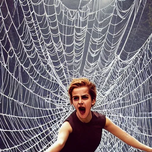 Prompt: upside down screaming emma watson hanging from and stuck in a giant spider web