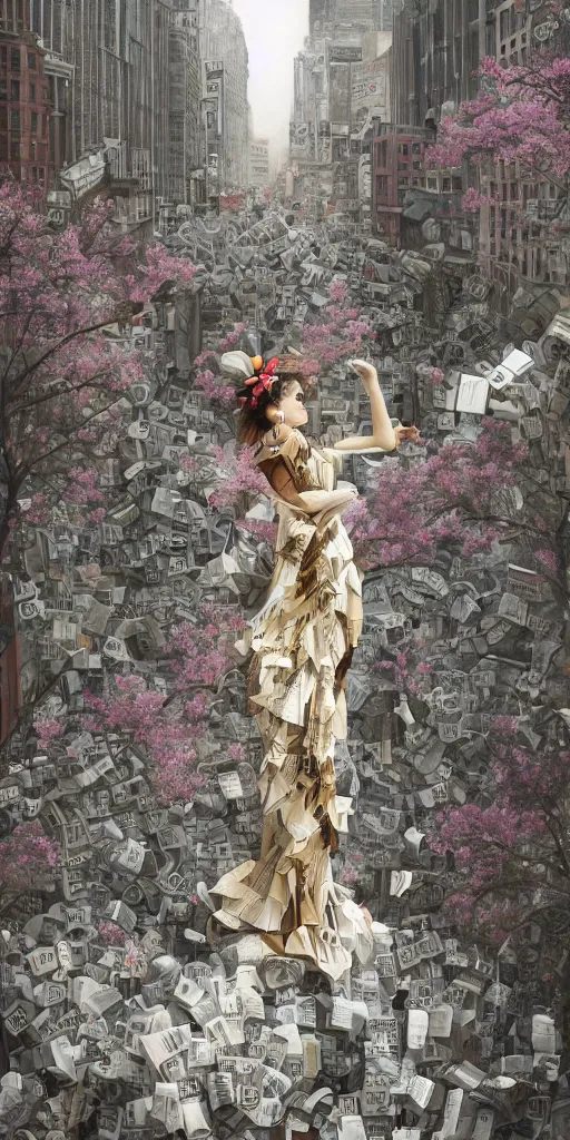 Prompt: ' downtown city made out of newspaper, center stage beautiful anthropomorphic zebra woman wearing a flowing paper dress and posing, paper origami, many sakura origami roses, city background, ethereal, fantasy, Lawrence Alma-Tadema, James Jean, oozium, peter morbacher, angelarium, alchemy, luxury, heavenly light, Soft illumination, Trending on artstation, Cinematic Lighting, very detailed, 3D, octane render, artgerm'