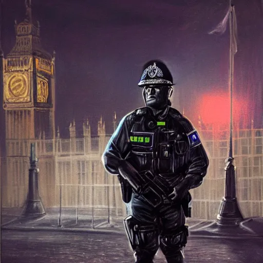 Image similar to A British police officer guarding London at night, highly detailed, ambient lighting, trending on art station