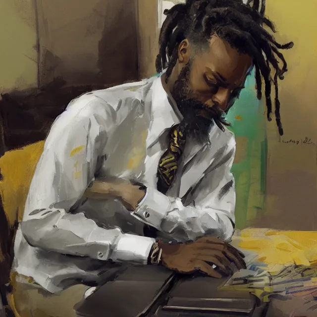 Prompt: a jamaican male with medium length locs, holding a sony camera, sitting at a computer desk, portrait, elegant, intricate, digital painting, artstation, concept art, smooth, sharp focus, illustration, art by konstantin korovin and daniel f. gerhartz and john howe