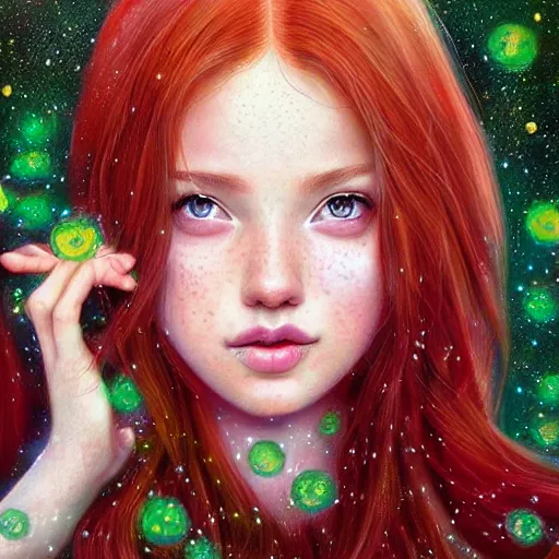 Image similar to photorealistic portrait of a red haired girl among fireflies, with a round beautiful face, amazed soft smile, long hair, green eyes, hint of freckles, golden ratio, intricate details, colorful digital art by artgerm