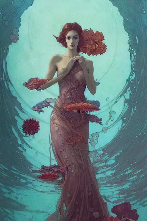 Image similar to portrait of a beautiful mysterious woman underwater, hidden hands holding a bouquet of flowers, corals and fish, by eve ventrue, michael carson, andreas rochas, john watkiss, casey weldon, artgerm. art nouveau. tarot card by mucha. gloomhaven. swirly intricate linework background. gaudy colors, sharp edges. octane render