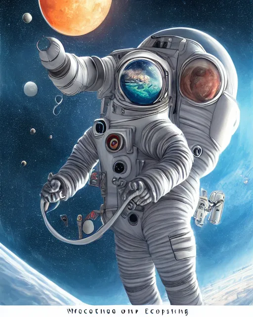 Image similar to wefie of caricature ethereal intricate cosmonaut lie relaxed on a crescent moon between the stars and the planets in outer space, cosmonaut post grunge concept art,high detail,4k, trending on artstation by Yoshitaka Amano, josan gonzalez and tyler edlin