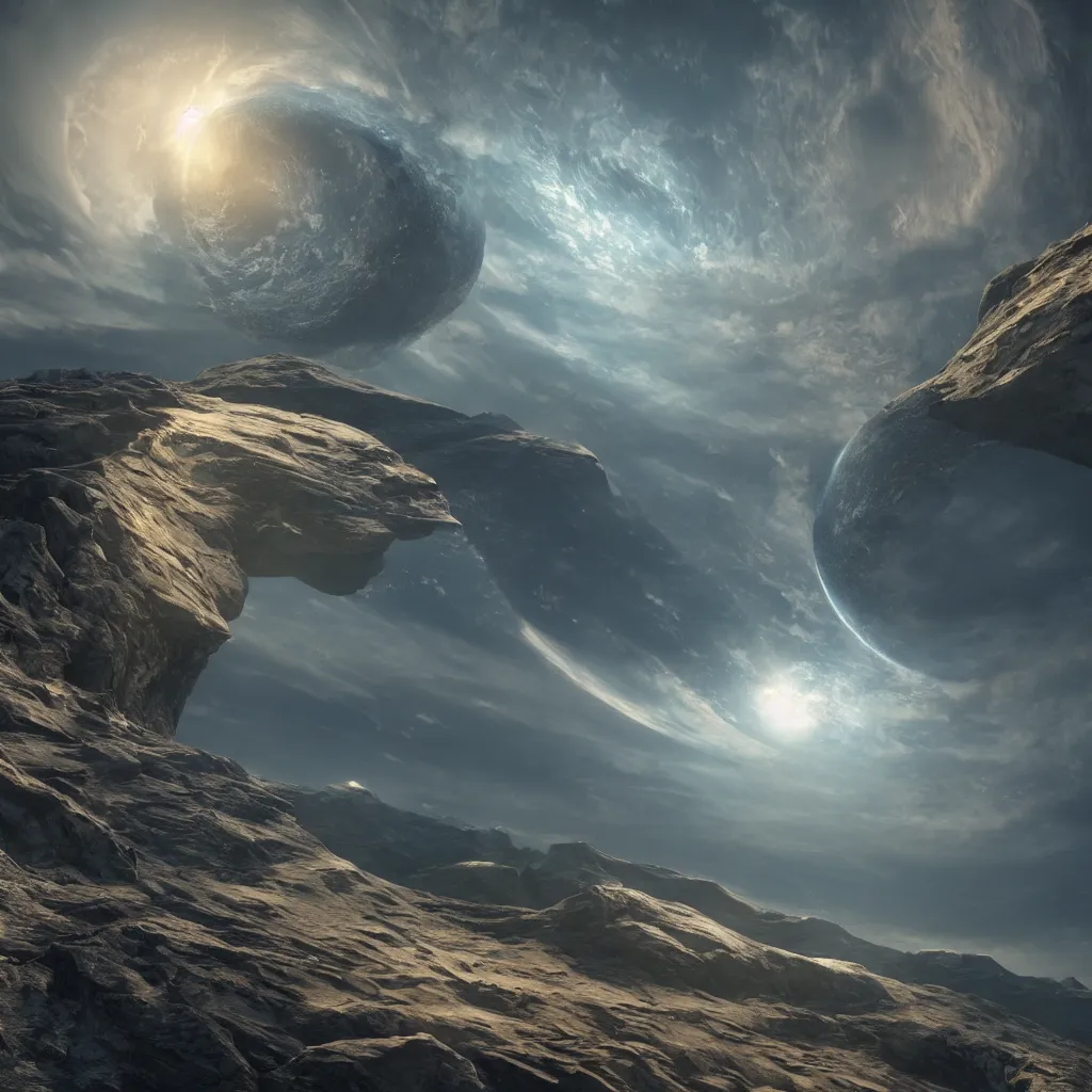 Image similar to An incredibly beautiful but ominous matte painting depicting a torus shaped planet, nvidia, vray, evening, epic scale, octanerender