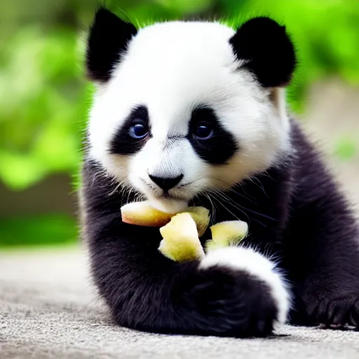 Image similar to cute kitten with panda body, eats bambus, highly detailed, sharp focus, photo taken by nikon, 4 k