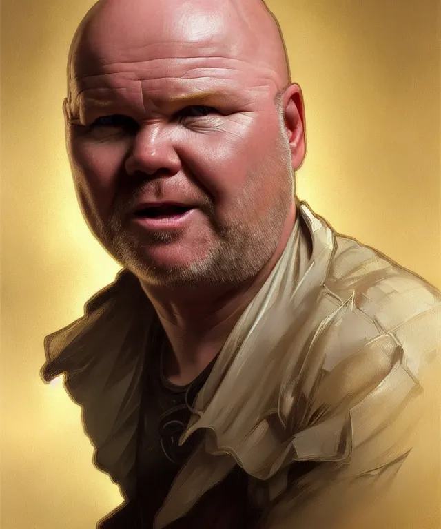 Image similar to Phil Mitchell, grimacing, portrait, face, intricate, elegant, highly detailed, digital painting, artstation, concept art, smooth, sharp focus, illustration, art by artgerm and greg rutkowski and alphonse mucha