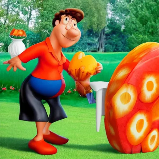 Image similar to Fred Flintstone dressed as a mailman planting a watermelon in an aca9demy, Sculpture, Hyperrealistic