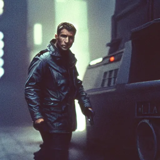 Prompt: film still blade runner Officer Deckard wearing techwear