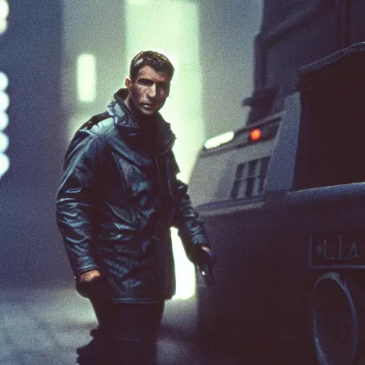 Image similar to film still blade runner Officer Deckard wearing techwear