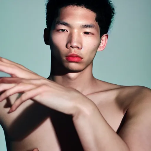 Image similar to realistic! photoshoot for a new balenciaga lookbook, color film photography, portrait of a beautiful asian model, photo in style of tyler mitchell, 35mm