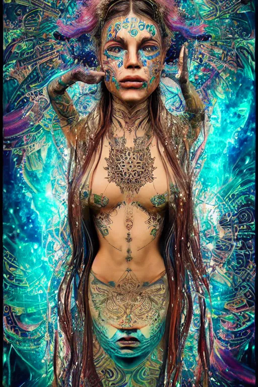 Prompt: a centered render of an mytical festival hippy with tribal tattoos wearing intricate metallic clothing surrounded by a underwater ink pour and flowing liquid gallium and sacred geometry, perfect body and face, gorgeous, cinematic, beautifully lit, by alberto seveso, by karol bak, by donato giancola, 3 d, trending on artstation, octane render, 8 k