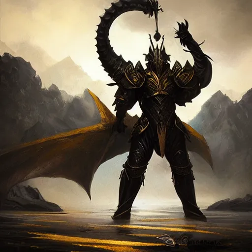 Image similar to anthropomorphic dragon warrior stands tall wearing black and gold plate armor, oil painting, Tooth Wu, Greg Rutkowski, RPG, dynamic lighting, fantasy art, High contrast, depth of field