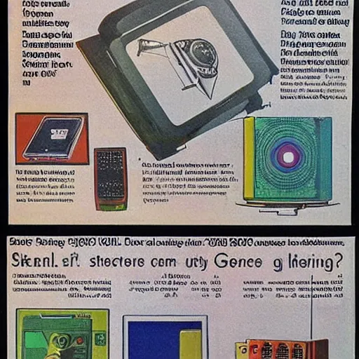 Prompt: 1 9 7 0's popular science magazine sketches of playstation 5, gaming computers, cell phones.