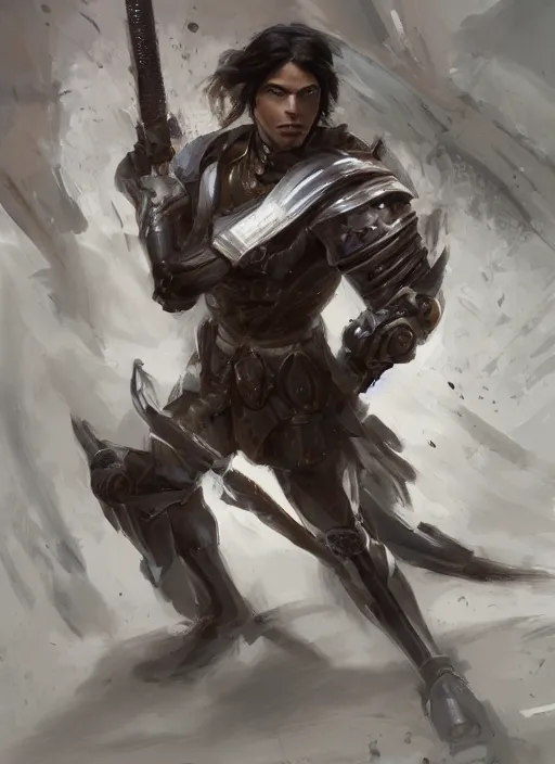 Prompt: a professional painting of a muscular young male, clothed in military armor, olive skin, long dark hair, beautiful bone structure, well defined physique, symmetrical facial features, intricate, elegant, digital painting, concept art, smooth, sharp focus, illustration, from Knights of the Old Republic, by Ruan Jia and Mandy Jurgens and Artgerm and William-Adolphe Bouguerea