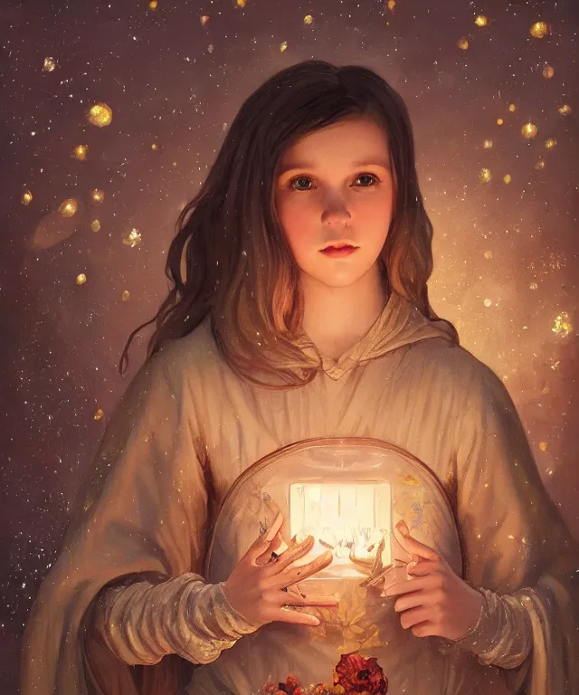 Prompt: a beautiful painting of a minion resembling millie bobby brown at the lantern festival in a an ancient italian town, at night with a sky full of stars, intricate, elegant, highly detailed, digital painting, artstation, concept art, by krenz cushart and artem demura and alphonse mucha