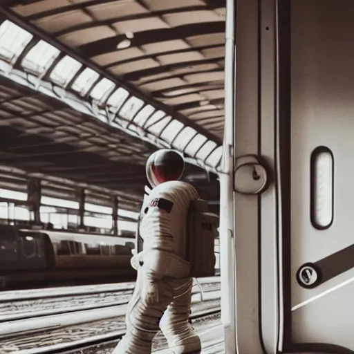 Prompt: a beautiful photo of an astronaut waiting in a train station, 1970', soft light, morning light, photorealistic, realistic, octane, 8k, cinematic shot