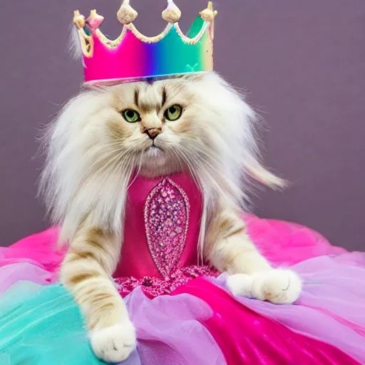 Prompt: fluffy long haired ragdoll cat wearing princess dress and crown