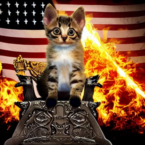 Image similar to burning kitten sitting on thrones of swords, lightning striking around, american flag in background