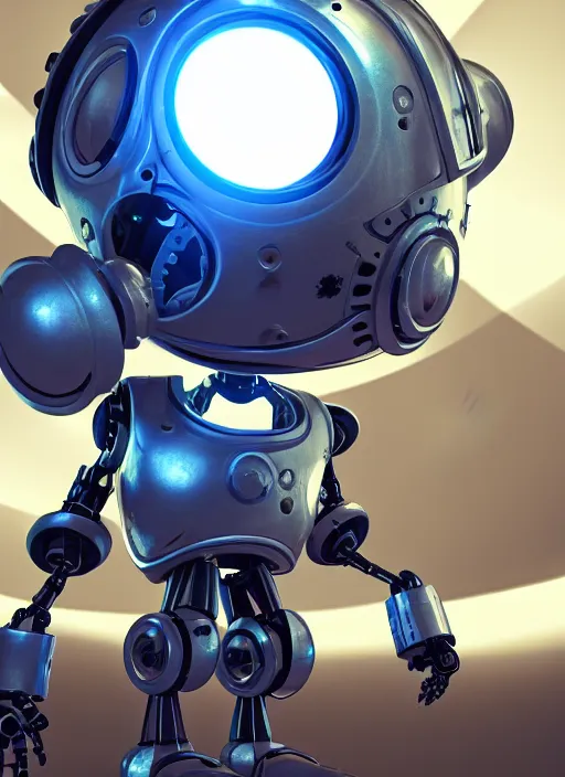 Prompt: a cute little robot, wearing clothes, clockwork gears visible in a hole in his chest, global illumination, radiant light, detailed and intricate environment