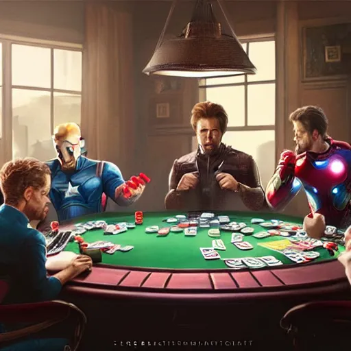 Prompt: hyperrealist portrait of the avengers playing poker, photo realistic, dynamic lighting, artstation, poster, volumetric lighting, very detailed faces, 4 k, award winning