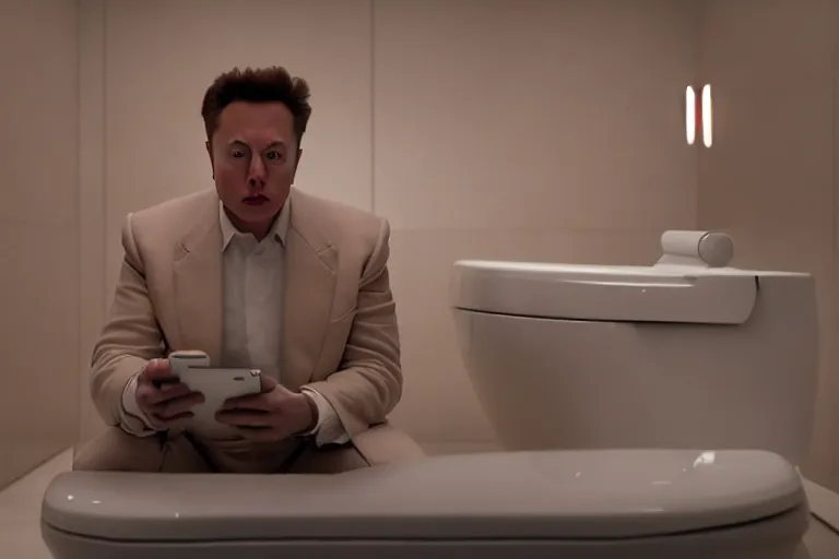 Image similar to hyperrealism aesthetic ridley scott and denis villeneuve style photography of a detailed giant elon musk, siting on a detailed ultra huge toilet and scrolling his smartphone in hyperrealism scene from detailed art house movie in style of alejandro jodorowsky and wes anderson