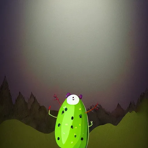 Image similar to A happy green pickle standing on top of a mountain, fog, digital art, cartoon art,