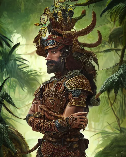 Image similar to detailed 3d render potrait of a conquistador wearing ornate armor in a jungle environment, art by nicola saviori and studio ghibli and disney concept artists, studio ghibli color scheme, octane, cgsociety, intricate, cinematic lightning, symmetric, anatomy, face, tarot card